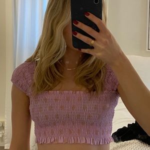 NICHOLAS smocked bandeau crop top in french pink multi polka dot